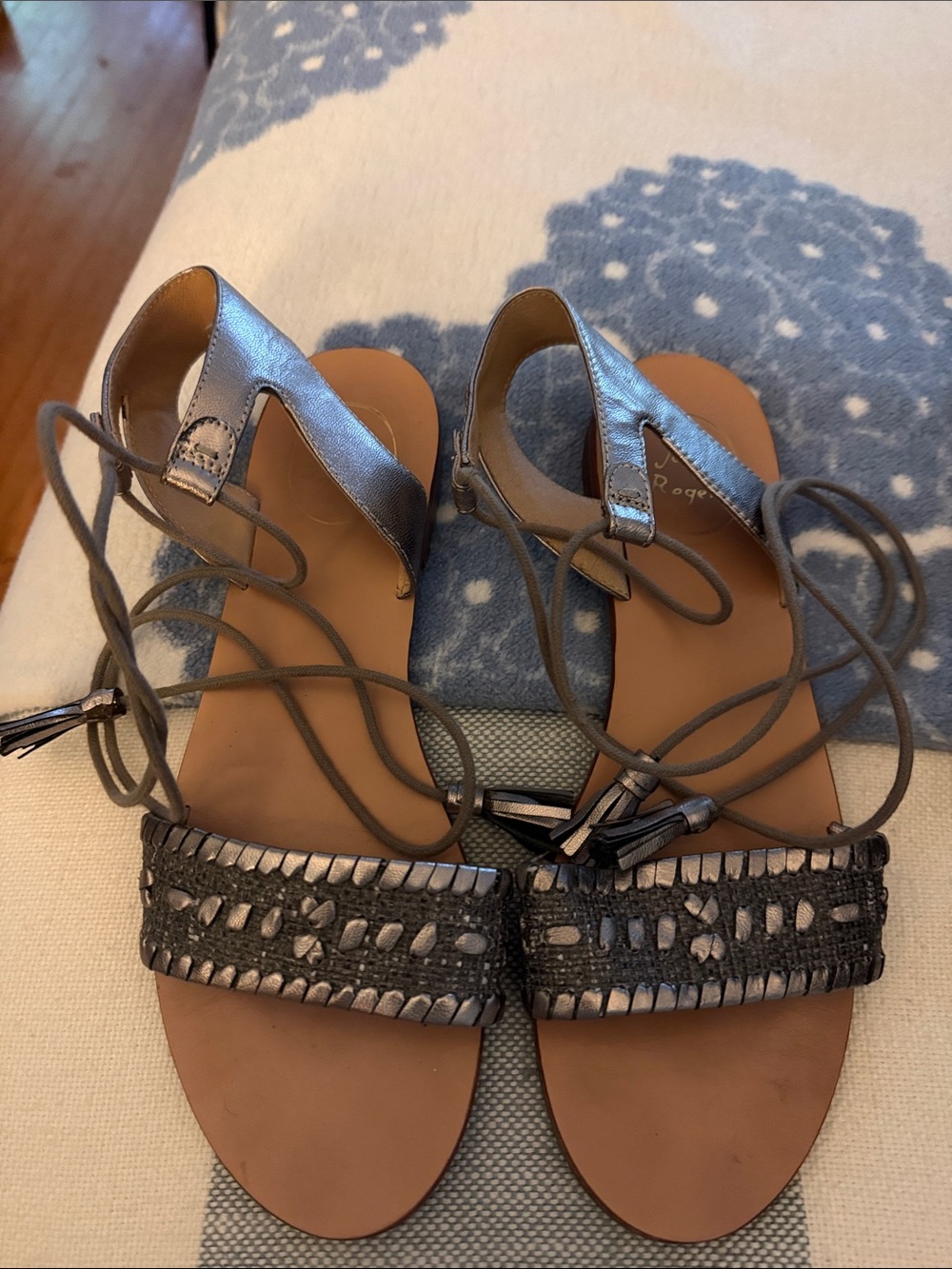 Jack Rogers Metallic Gray Lace-Up Woven Strap Sandals